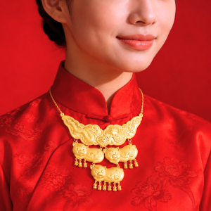 Dây Chuyền Cưới Vàng 980 Cong Rồng Phượng Heo 3 Tầng Tòn Ten Heo Con D093684