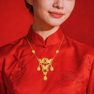 Dây Chuyền Cưới Vàng 980 Cong Liền Mặt Bướm Tòn Ten Giọt Chữ Hỷ D095884