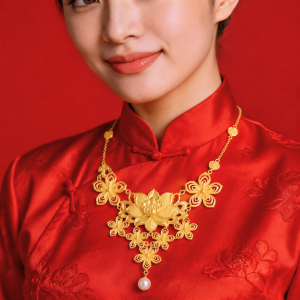 Dây Chuyền Cưới Vàng 980 Cong Khế Liền Mặt Hoa Sen Tòn Ten 1 Hột Bẹt D096028